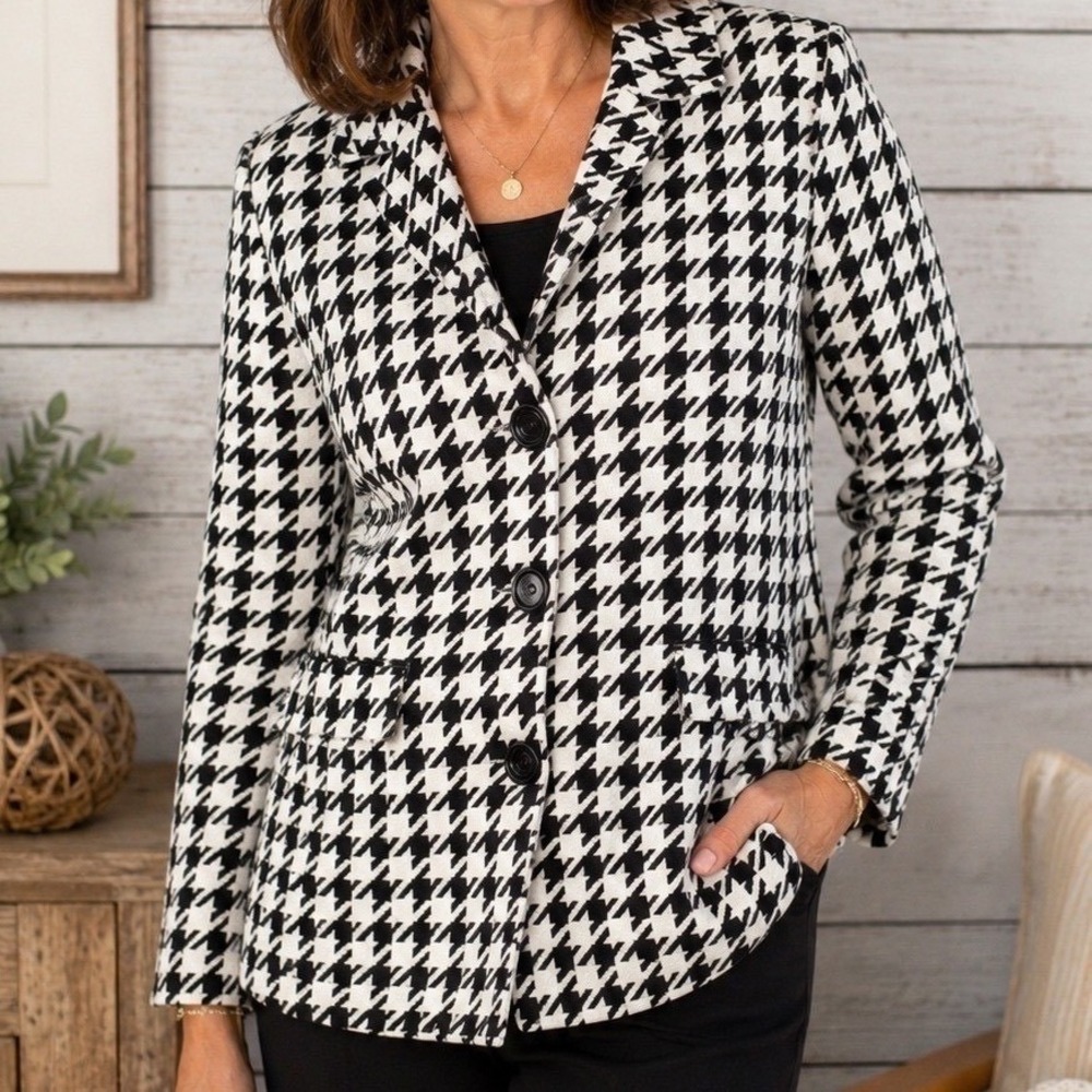 Susan Bristol Womens Houndstooth Blazer Jacket Black White Button Front Size L